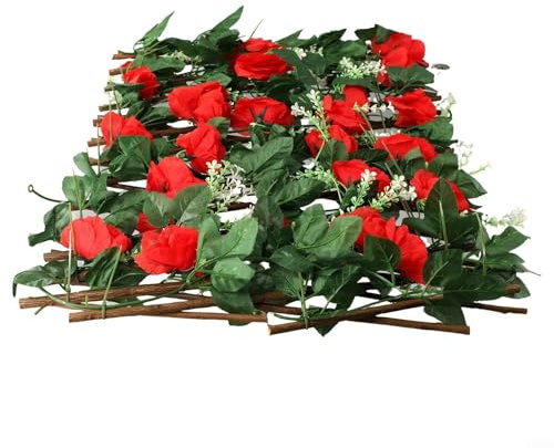 Treillis de jardin avec fleurs en soie, clôture en bois rétractable, brise-vue pour créer une ambiance chaleureuse (rouge)