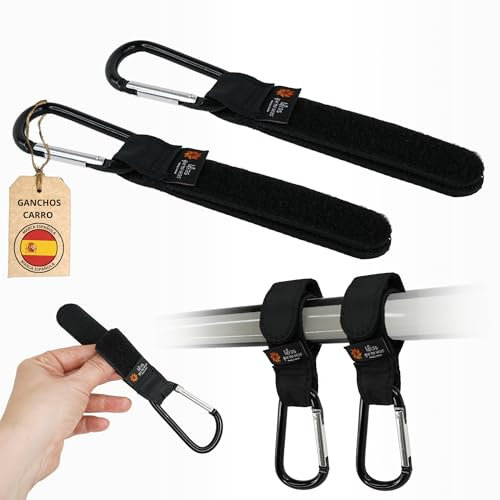 Ideas que no veas® Resistencia 15 kg Ganchos Carro Bebe con Mosquetón de seguridad (PACK DE 2) | Accesorios carro bebe | Ganchos bolsos | Ajuste Universal, Antideslizante Ligero y Duradero (NEGRO)