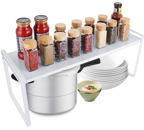 CYEER White Kitchen Cupboard Organiser, Extendable Shelf Spice Rack, Adjustable Counter Cupboard Shelf Organiser Suitable for Home and Kitchen Storage(W22xH25xL35-65cm, White)
