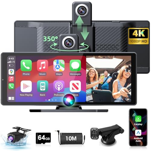 350° Drehbare Carplay Display Android Auto Display mit 4K Dashcam Auto, 10,26 Zoll Touchscreen Tragbarer Driveplay Carplay Bildschirm Dual-Bluetooth,Mirror Link,64G TF-Karte