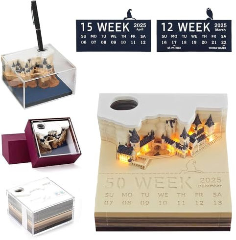 KBIBCK 3D Notizblock, 3D Kalender Abreißen 2026, Time Piece Calendar mit Licht und Stifthalter, 3D-Magic Castle-Wochenkalender, 3D Calendar Paper Carving Art Memo Pad, Papierskulptur Desktop Ornament