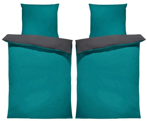 one-home Winter Bettwäsche Doubleface Uni Wende kuschelig flauschig warm weich Fleece, Größe:4 teilig 155x220 cm, Farbe:Petrol/anthrazit