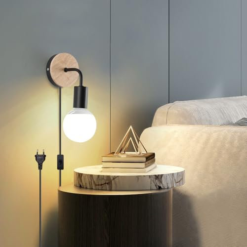 Applique Murale Avec Interrupteur Marche Et Prise, lampe de chevet murale Moderne, Applique Murale Intérieur Bois Métal Vintage pour Chambre, Salon, Couloir (Noir)