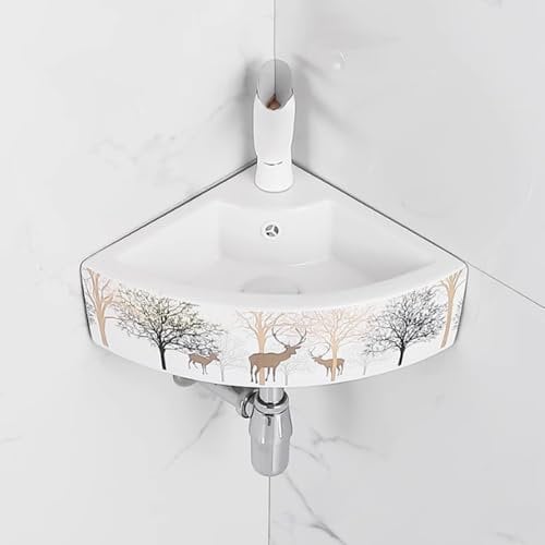 BRCYKRWY Fregadero de Baño Montado en Esquina Lavabo de Cerámica Lavabo Baño Fregaderos de Cocina Fregadero Exterior Jardin Lavabo Montado en la Pared con Grifo TuberíA de Agua FríA y Caliente