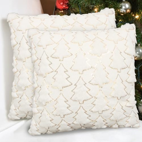 LAMEK 2 Stück Weihnachtsbaum Kissenbezug 45x45 cm Weihnachten Baum Kissenhülle Weihnachts Kissen ohne Spruch Christsbaum Dekorative Sofakissen Weihnachtsdeko für Schlafzimmer Wohnzimmer, Weiß+Weiß