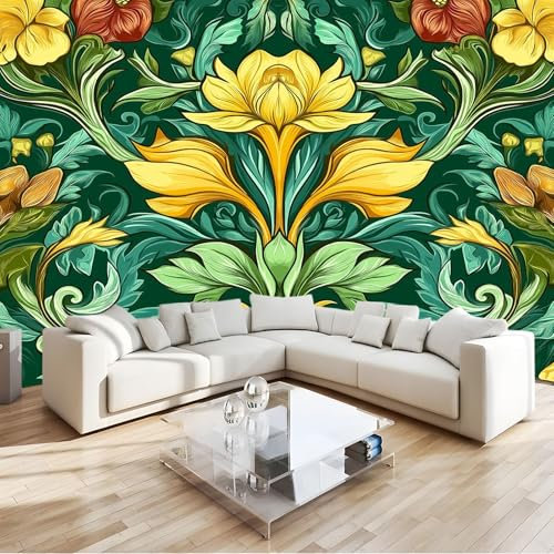 Fototapete Blumenmuster im Jugendstil Vlies 3D Tapeten Moderne Wandtapete 400 x 280 cm Wohnzimmer Schlafzimmer Grün