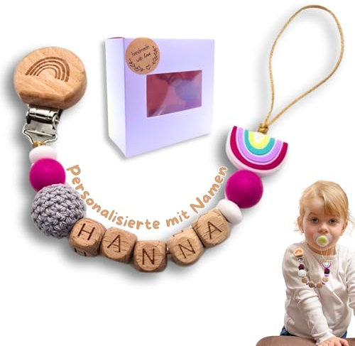 Personalisierte Schnullerkette mit Namen – Handmade Holz & Silikon Schnullerhalter, Baby Geschenk zur Geburt, BPA-frei Schnullerband, Schnullerkette Jungen & Mädchen, Pacifier, Versand Schnell (Hanna)