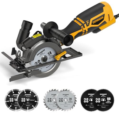 DOVAMAN Mini Scie Circulaire, 710W 115mm w/Laser, 3500RPM, Poignée Auxiliaire, Profondeur de Coupe de 43mm (90°), 29mm (45°), 6 Lames, pour le Bois, Métal Souple, Plastique, Carrelage - MCS01A