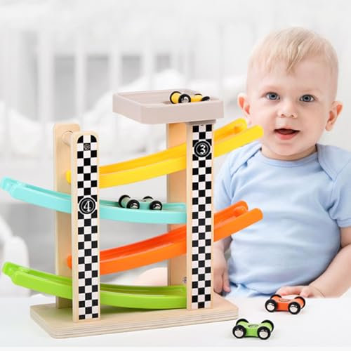 Holzstrecke Rutschauto Ramp Race Track Dach Dach Lehrreiches Holzschlittenwagen für Kinder mit Trägheitsglider Fördert die Frühe Bildung