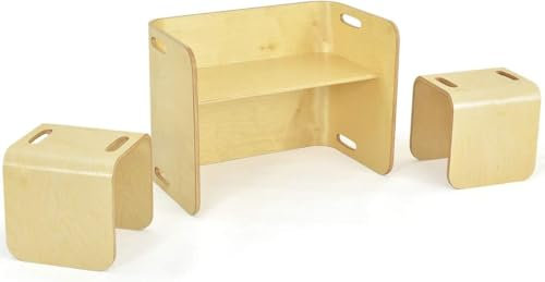 FANTASK 3tlg. Kindertisch Holz mit 2 Stühlen Birke, Kindersitzgrupppe multifunktionale, Kindermöbel Kinder Lerntisch