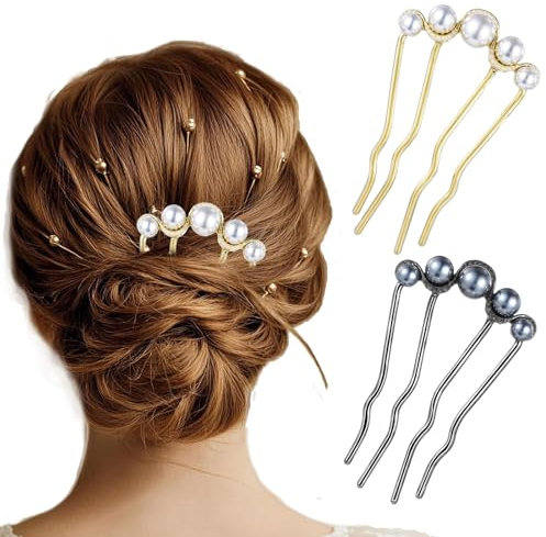 2Pcs Pearl Hair Comb U Shaped Metal Hair Fork Clips for Women, Elegant Hair Prong Styling Pins for Girls, French Pearl Hair Pin Hair Styling Accessories for Bridal Braided Curly hair, Wedding Daily