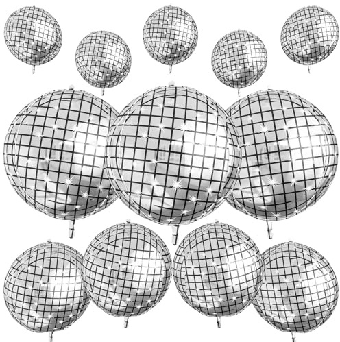 12Pcs Disco Ball Balloons, 22 15 10 4D Aluminum Foil Balloons, Metallic Silver Disco Balloon for Birthday Bachelorette Disco 70s 80s 90s Themed Graduation New Year Eve Prom Party Decorations