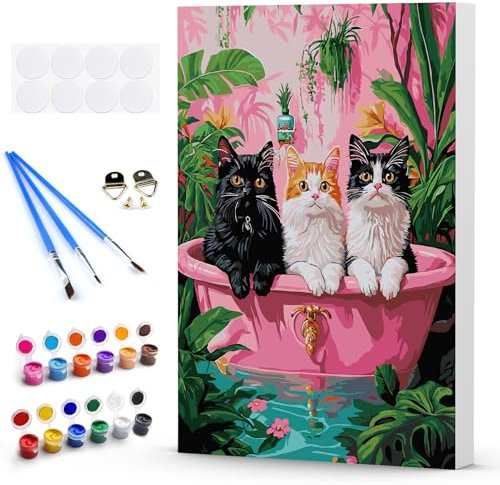 Peinture par Numero Adulte Chats dans une baignoire rose, Animal mignon, DIY Peinture à l'huile par Numéros sur Toile Artisanat avec Pinceaux et pigment, Decoration Maison Cadeau 30x40cm encadré