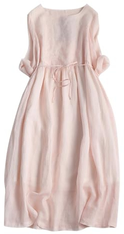 Zeiayuas Vintage Linen Dresses for Women UK Cotton Linen Maxi Dresses Lace Up Round Neck Half Sleeve Dress Pleated Boho Beach Holiday Dresses Summer Casual Tunic Dress Elastic Waist Tie Long Dress