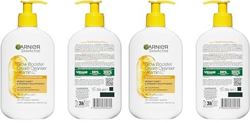 Garnier Gesichtsreinigung für fahle, unebenmäßige Haut, Reinigend und feuchtigkeitsspendend, Mit Vitamin C und Glycerin, Vegane Formel, Glow Booster Cream Cleanser Vitamin C, SkinActive, 250 ml