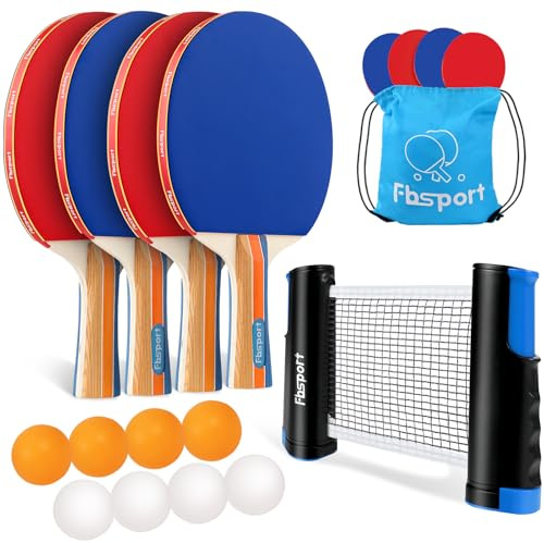FBSPORT Ping Pong Paddle Set, Table Tennis Set with 4 Rackets and 8 Balls, Retractable Net with Storage Bag - Pingpong Paddle Accessories for Indoor Outdoor Games