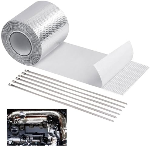 Srvauyea Cinta Anticalorica Escape Aislante, 5M x 5cm Cinta de Protección Térmica para Escape, Cinta de Escape Autoadhesiva, Cinta Termica Escape con 6 Bridas para Colector Escape Motocicleta