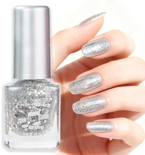 Glitter Silver Nail Polish, Sparkle Shimmer Silver Nail Varnish, Quick-Dry Long-Lasting Metallic Non-toxic Nail Art Decoration Polish for Women Nail Lovers Gift