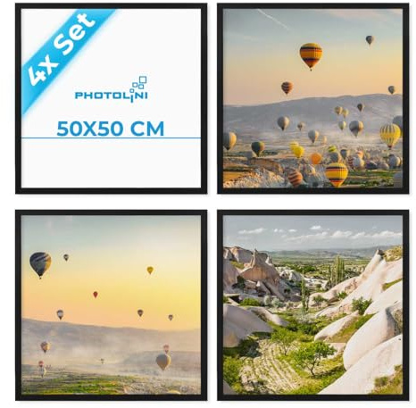 PHOTOLINI Bilderrahmen 50x50 Schwarz, 4er Set Bilderrahmen quadratisch 50x50 Holz MDF mit bruchsicherem Acrylglas, Rahmen 50 x 50 zum Aufhängen mit Zubehör - Picture Frame für Fotos & Poster