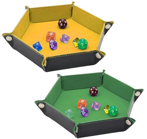 Gykutix 2 Stücke Würfelmatte PU Leder Würfelunterlage Hexagon Würfelbrett Faltbar Puzzle Sortierschalen Würfelschale Samt Würfeltablett Doppelseitig Würfelteller für DND RPG (Grün, Gelb)