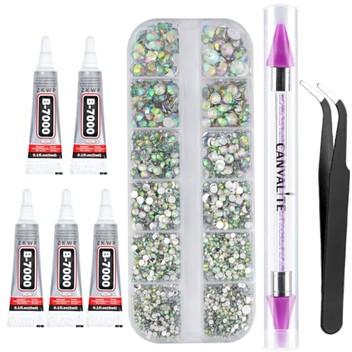 Canvalite 2784PCS Rhinestones Flat Back Gems, Nail Rhinestones Nail Art Gems with Pick Up Tweezers and Rhinestone Picker Dotting Pen, Nail Art Tools for Nails, Clothes, Face, Craft