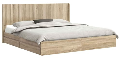 vidaXL Bettgestell mit Stauraum und Kopfteil Sonoma-Eiche 180 x 200 cm, Moderner Schlafzimmerstauraum-Bett, rechteckiger Rahmen, schickes Latten-Design, platzsparendes Möbelstück