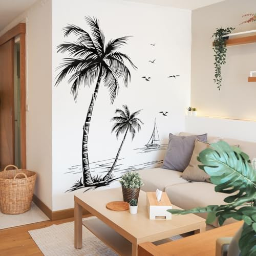 WandSticker4U®- Stickers muraux PALMIER noir blanc (94x108 cm) I Vintage autocollant mural salon moderne plantes tropicales arbre voilier I Décoration murale salle de bain chambre adulte cuisine