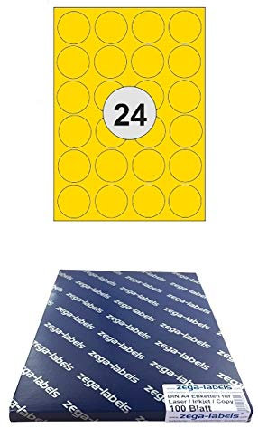 2.400 Etiketten 40 mm rund GELB selbstklebend auf DIN A4 Bögen (4x6 Etiketten) - 100 Blatt Pack - Universell für Laser/Inkjet/Kopierer/Farblaser einsetzbar - 40mm Durchmesser 24-teilig
