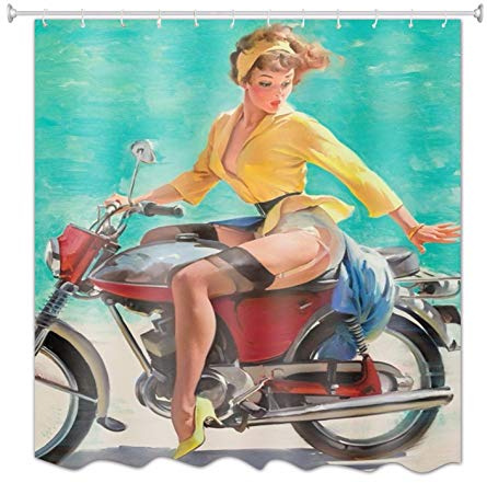 A.Monamour Alte Ölgemälde Vintage Bild Sexy Frauen Reiten Auf Motorrad Druck Wasserdicht Mehltau Resistent Stoff Polyester Duschvorhang Für Bad 180X200 cm / 72 X78