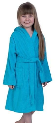 Adore Home Kid's 100% Cotton Terry Towelling Hooded Shawl Collar Bathrobe (Age 8-9, Turquoise)