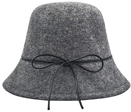 ZLYC Damen Winter Kuppel Wolle Fischerhüte England Stricken Warm Solide Fedora (Bogen Grau),Einheitsgröße