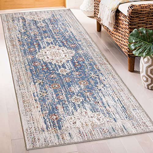 ReaLife Maschinenwaschbar Teppich Läufer - Wohnzimmer Schlafzimmer Badezimmer Küche Flur Büro - rutschfest Kurzflor Premium-Fleckenbeständig - Persisch Distressed - Hell Blau - 75 x 180