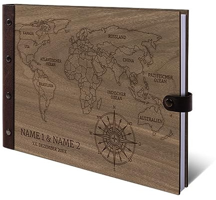Gästebuch Okoume Holz Gravur individuell Holzcover mit Echtleder Rücken 72 Blatt | 144 Seiten A4 quer 302x215mm - Weltkarte