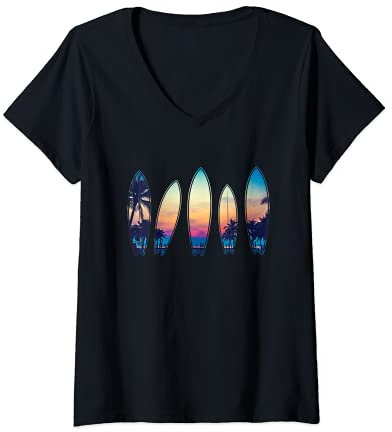 Damen Vintage Surfboard Strand Klassik Hawaii Surfen T-Shirt mit V-Ausschnitt