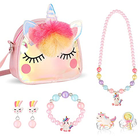 Hifot Licorne Sac a Main Bijoux Enfants Fille, Unicorn Collier Bracelet Boucle d'oreille Bagues kit Bijoux pour Cadeau Anniversaire de Fête