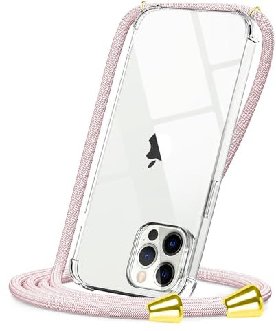 CAROKI Crossbody Case for iPhone 12 Pro Max, Necklace Mobile Phone Cover with Cord Strap,Clear Transparent TPU Soft iPhone 12 Pro Max Cover Holder with Neck Cord Lanyard Strap-Rose Gold