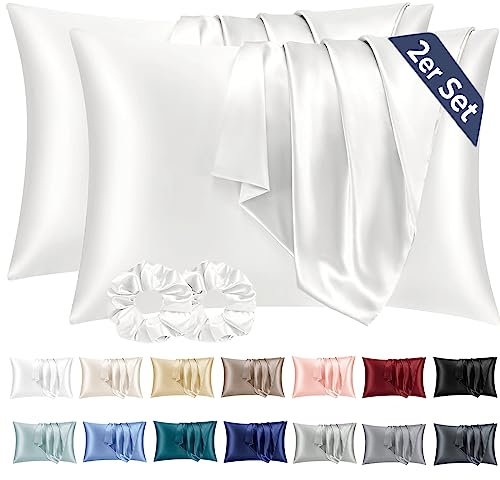 Vielit 2er Set Satin Kissenbezug 40 x 80 Ivory, Weich wie Seidenkissenbezug 40x80,Bessere Pflege als Silk Pillosecase,Satin Kopfkissenbezug Kissenhülle für Haar und Haut mit 2 Haargummis