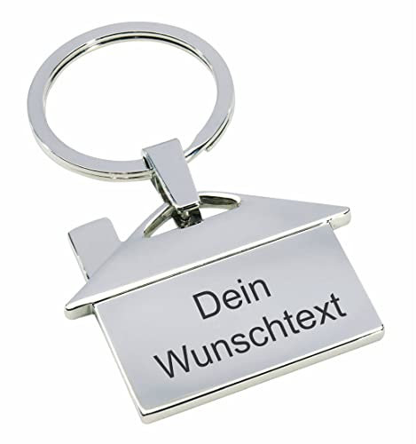 Schlüsselanhänger personalisiert mit Gravur - Metall-Anhänger in Hausform - Farbe: Silber - Anhänger graviert - hochwertige Geschenkidee für Auto, Haus, Büro - Geburtstag, Weihnachten