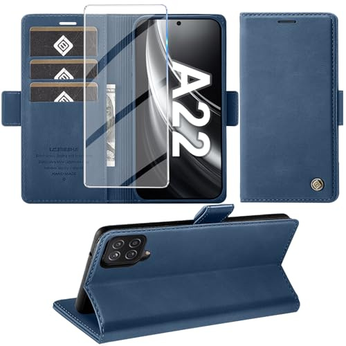 Giyer Handyhülle für Samsung Galaxy A22 5G Hülle mit Displayschutzfolie aus gehärtetem Glas, Galaxy A22 5G Hülle Brieftasche Leder Kartenfach Standfunktion Schutzhülle für Samsung A22 5G Case Flip Co