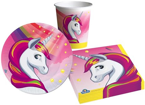 Ciao-Kit Table Fête Party Licorne 8 personnes (36 pcs: 8 assiettes Ø18cm, 8 gobelets, 20 serviettes) en papier compostable Vaisselle, AZ148, Multicolor