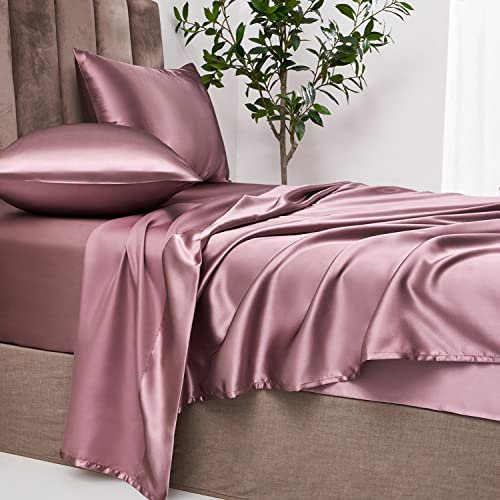 Jemiipee Juego de Sabanas de 4 Piezas Raso Cama 150 Color Sólido 150x200 cm para Colchón de hasta 36 cm de Altura - Sábana Bajera Ajustable, Encimera y 2 Funda de Almohada - Malva