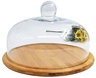 ZEELYDE Tapa para el microondas, Bandejas de Frutas, Plataforma Acanalada de Madera y Cubierta de cúpula de Vidrio, Servidor de Alimentos para Fiesta, Camping, Postre, bistec, Barbacoa y Otros bocad