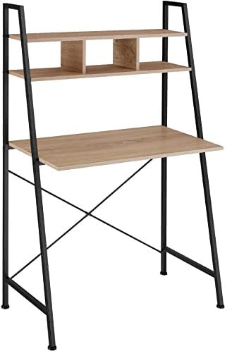 tectake Schreibtisch mit Regal, Bürotisch im Industrie-Design, 85,5 x 46,5 x 140 cm, Computertisch mit 3 Staufächern und Ablage aus Holz, schwarzes Metallgestell (Industrial Holz hell, Eiche Sonoma)