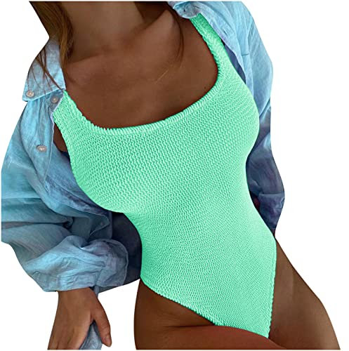 Cockjun Damen Falten Tuch Welle Fluoreszierende Farbe Mode Einteiliger Badeanzug Badeanzug Damen Crinkle Wave Fluoreszierend Mode Einteiliger Badeanzug Bademode Mintgrün XL
