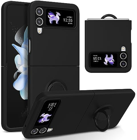UEEBAI Custodia per Samsung Galaxy Z Flip 4 5G, ultra sottile, in silicone, con supporto ad anello girevole a 360 gradi, supporto magnetico per auto, custodia protettiva in TPU, colore nero