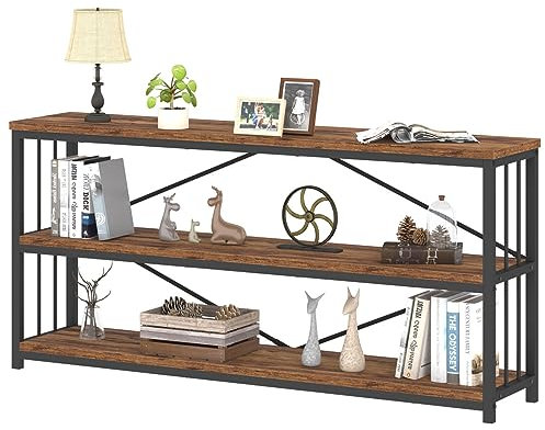 IBF Low Rustic 3 Tier Bookshelf, Industrial Horizontal Wood Bookcase, Farmhouse Long Wide Open Metal Etagere, Modern Large Vintage Book Shelf for Home Office Bedroom Living Room, Rustic Brown, 63 Inch