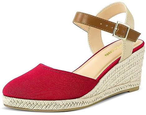 PIZZ ANNU Womens Wedge Sandals Canvas Ladies Espadrilles Summer Elegant Buckle Mid Heel Platform Closed Toe Shoes Red Size 7