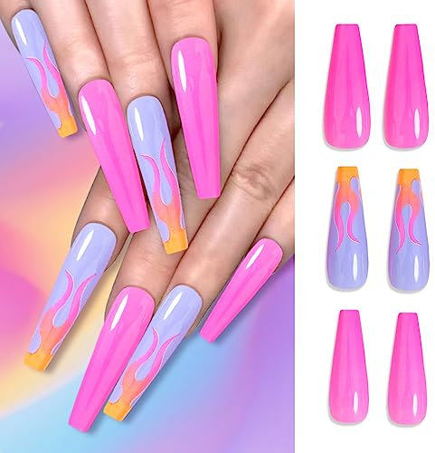 Faux ongles brillants en forme de cercueil - Flammes de feu de forêt - Fluo - Coloré - Ballerine gothique - Pour fête quotidienne