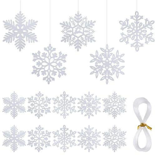 SCLLNDA 20 Stück Schneeflocken Weihnachtsbaum Deko mit 2PCS 4m Seile Weihnachtsbaumschmuck Schneeflocken Deko Schneeflocken Weihnachten Deko Baumschmuck Weihnachten Anhänger für Weihnachtsdeko