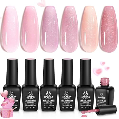 Beetles 6 Farben UV Nagellack - Romantisches Rosa Feuerwerk Sammlung Rosa Schimmernder Glitzer Jelly Gel Nagellack Babyrosa Natur Farbe Nageldesign Geschenke für Frauen